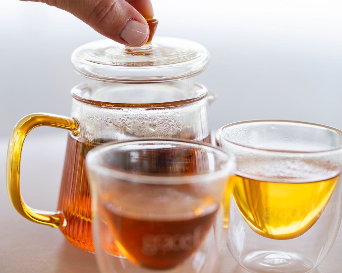 Glass Tea Pot, Grace Farms, 10 oz, Internal Strainer, Engraved Lid, For Tea Sachets Or Loose Leaf Tea